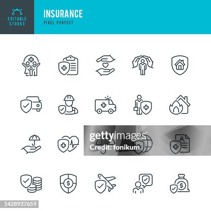 Insurance - vector set of linear icons. Pixel perfect. Editable stroke. The set includes a Insurance Agent, Umbrella, Life Insurance, Home Insurance, Car Insurance, Travel Insurance, Ambulance, Medical insurance, Financial Insurance. Insurance - vector set of linear icons. Pixel perfect. Editable stroke. The set includes a Insurance Agent, Umbrella, Life Insurance, Home Insurance, Car Insurance, Travel Insurance, Ambulance, Medical insurance, Financial Insurance.
