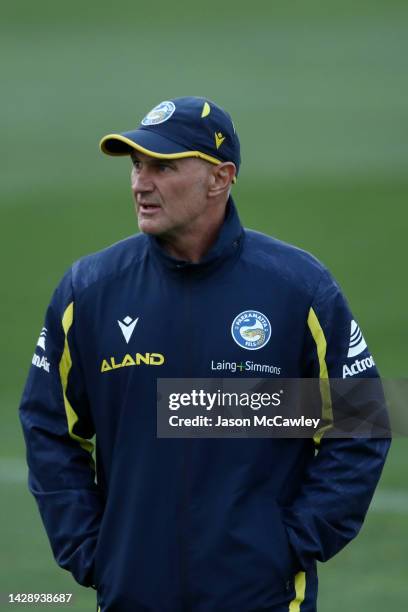 Eels coach Brad Arthur looks on during a Parramatta Eels NRL training session at Kellyville Park on September 30, 2022 in Sydney, Australia.