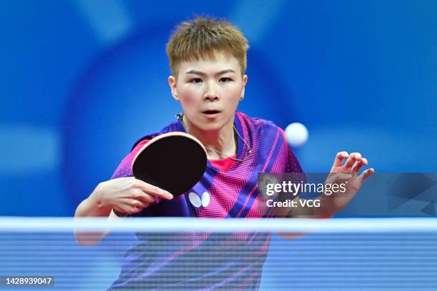 Chen Szu-Yu of Chinese Taipei competes against Shao Jieni of Portugal during the Women's Group match between Chinese Taipei and Portugal on Day 1 of...