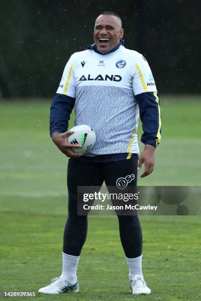 Junior Paulo of the Eels laughs during a Parramatta Eels NRL training session at Kellyville Park on September 30, 2022 in Sydney, Australia.