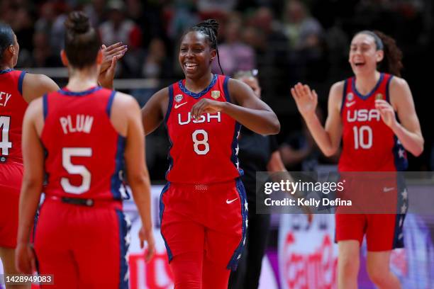 Chelsea Gray of the United States reacts during the 2022 FIBA Women's Basketball Semi Final match between Canada and USA at Sydney Superdome, on...