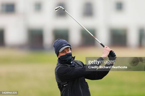 Tom Chaplin plays their second shot on the 1st hole on Day Two of the Alfred Dunhill Links Championship at Carnoustie Golf Links on September 30,...