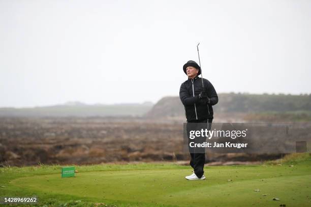 Bill Murray tees off on the 15th hole on Day Two of the Alfred Dunhill Links Championship at Kingsbarns Golf Links on September 30, 2022 in...