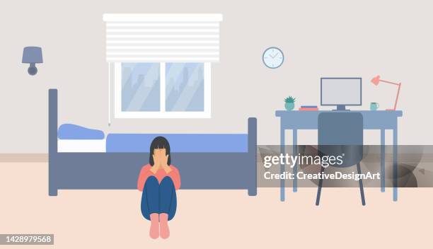 stockillustraties, clipart, cartoons en iconen met teen room with lonely young girl sitting on floor and covering her face with her hands. depression and anxiety concept - slaapkamer