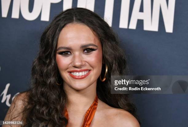 Madison Pettis attends Cosmopolitan's celebration of the launch of CosmoTrips and Fêtes cover star Laura Harrier at Skybar on September 29, 2022 in...