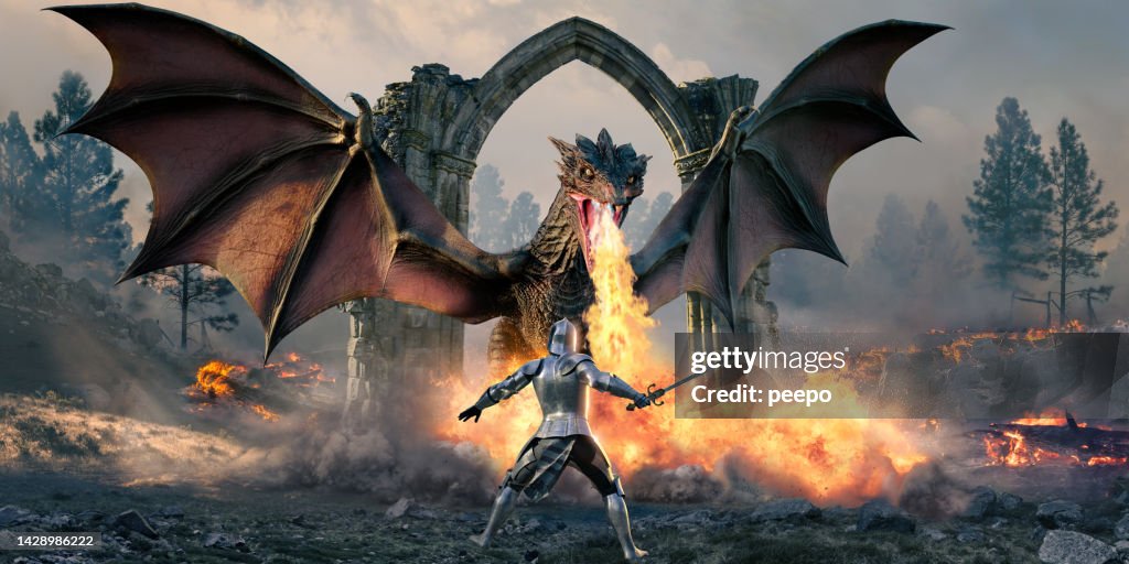 Ritter steht vor feuerspeiendem Drachen