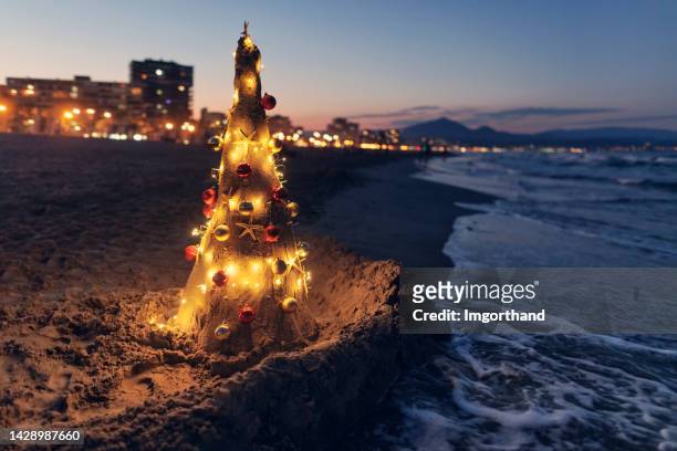 sand christmas tree on summer christmas - beach christmas 個照片及圖片檔
