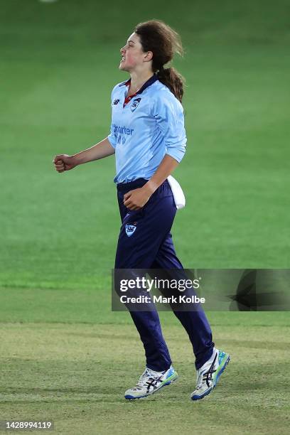 Jessica Davidson of the NSW Breakers celebrates taking the wicket of Charis Bekker of Western Australia during the WNCL match between New South Wales...