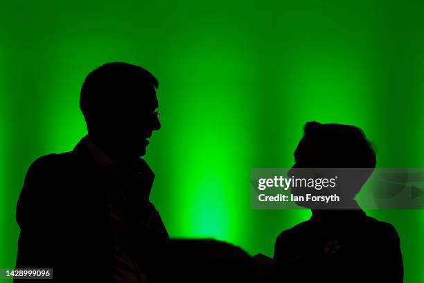 Adrian Ramsay and Carla Denyer, co-leaders of the Green Party go through their speech notes during the Green Party’s conference at the Harrogate...