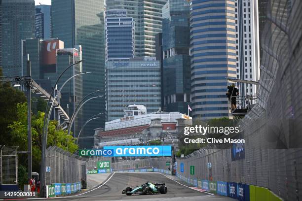 Lance Stroll of Canada driving the Aston Martin AMR22 Mercedes on track during practice ahead of the F1 Grand Prix of Singapore at Marina Bay Street...