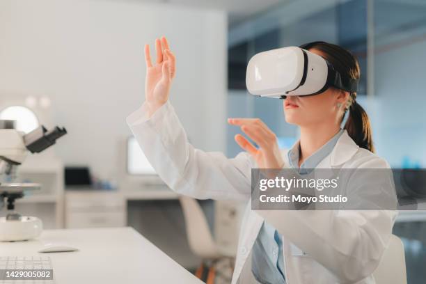 vr, research and science with woman in laboratory working on medical innovation with augmented reality, 3d and metaverse. futuristic, technology and virtual reality with scientist in biotechnology - vr glasses imagens e fotografias de stock