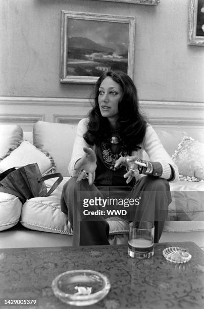 Actress and model Marisa Berenson poses for portraits and discusses her acting career in Christina Onassis's home on April 13, 1973 in New York City.