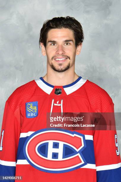 Sean Monahan of the Montreal Canadiens poses for his official headshot for the 2022-2023 season on September 19, 2022 at the Bell Sports Complex in...