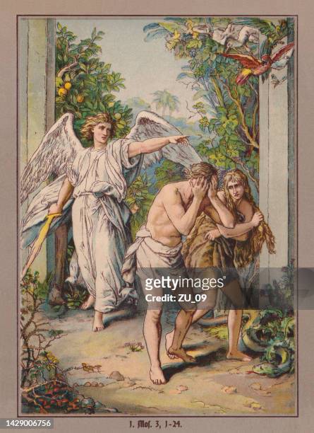 illustrations, cliparts, dessins animés et icônes de expulsion d’adam et ève du paradis, chromolithographe, publié en 1900 - adam and eve in garden
