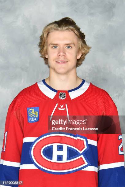 Kaiden Guhle of the Montreal Canadiens poses for his official headshot for the 2022-2023 season on September 19, 2022 at the Bell Sports Complex in...