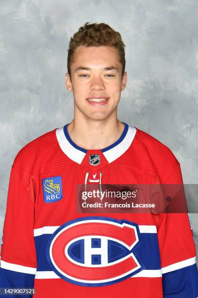 Jordan Harris of the Montreal Canadiens poses for his official headshot for the 2022-2023 season on September 19, 2022 at the Bell Sports Complex in...