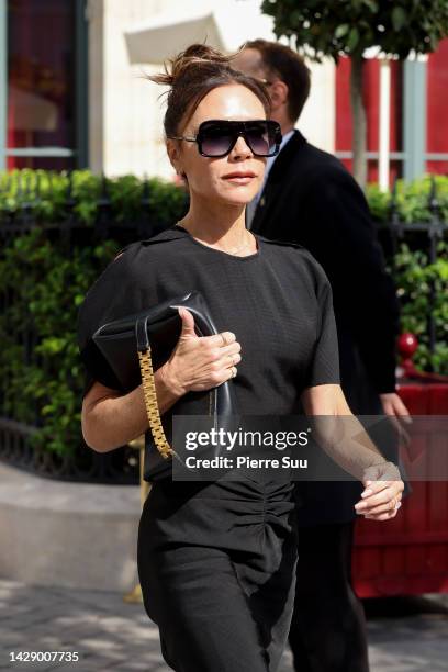 Victoria Beckham is seen leaving her Hotel on September 30, 2022 in Paris, France.