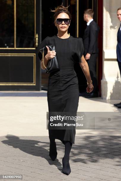 Victoria Beckham is seen leaving her Hotel on September 30, 2022 in Paris, France.