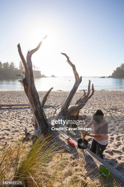 high angle view of a camper making dinner while camping on the beach - sunset bay state park stock pictures, royalty-free photos & images