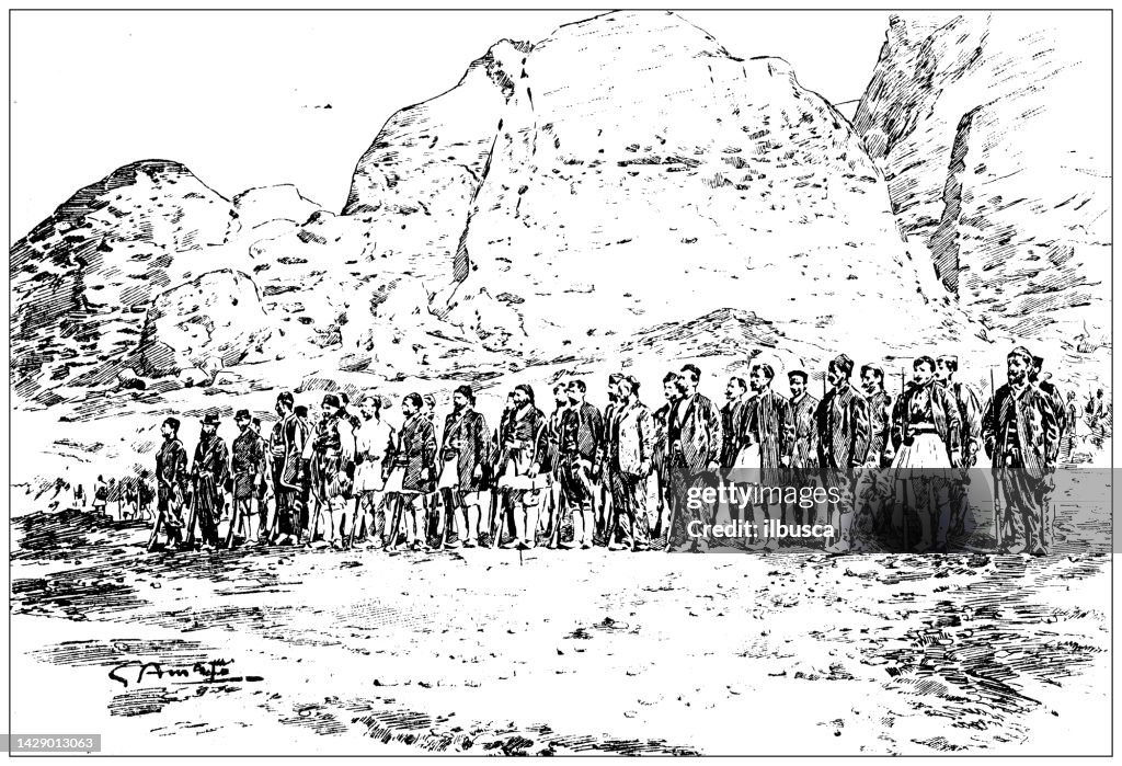 Antique illustration: Turkey Greece border soldiers, Kalabaka