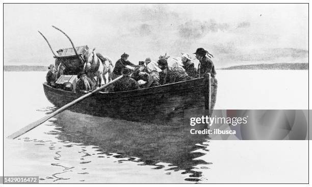 antike illustration: hochzeit in plougastel, auf dem boot, kerhuon - kid sailing stock-grafiken, -clipart, -cartoons und -symbole