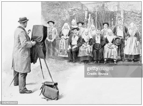 antique illustration: wedding in plougastel, photo-portrait - wedding photographer stock illustrations