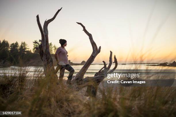 pregnant woman at sunset bay state park, coos bay, oregon, usa - sunset bay state park stockfoto's en -beelden