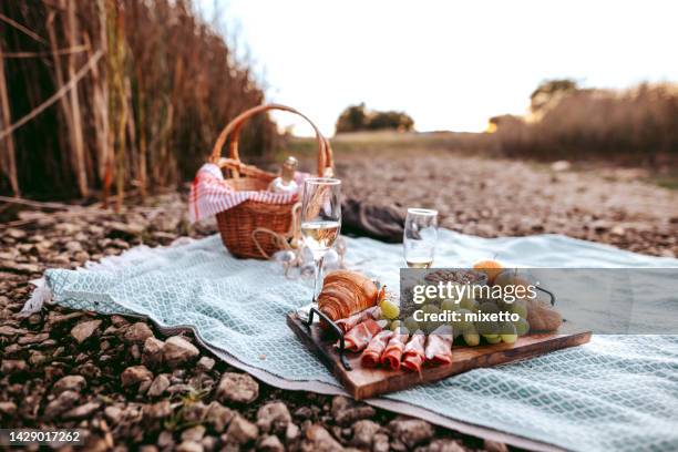 romantic picnic setup with no people - picnic blanket stockfoto's en -beelden