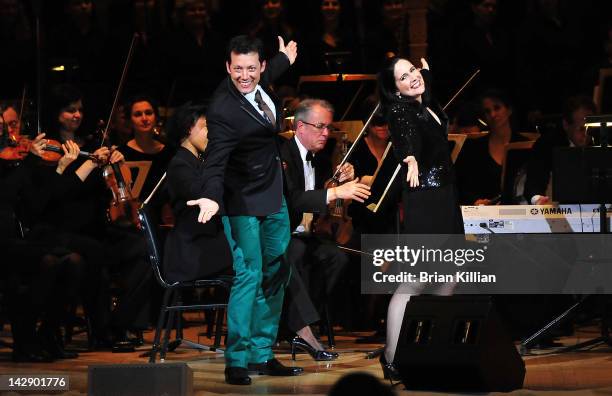 Host John Tartaglia and actress Stephanie D'Abruzzo perform during The New York Pops Present "Jim Henson's Musical World" at Carnegie Hall on April...