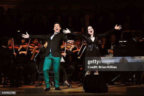 Host John Tartaglia and actress Stephanie D'Abruzzo perform during The New York Pops Present "Jim Henson's Musical World" at Carnegie Hall on April...