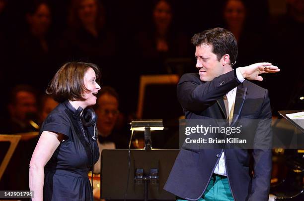 Comedian Rachel Dratch and host John Tartaglia perform during The New York Pops Present "Jim Henson's Musical World" at Carnegie Hall on April 14,...