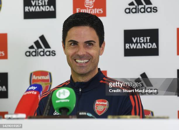 Arsenal manager Mikel Arteta attends a press conference at London Colney on September 30, 2022 in St Albans, England.