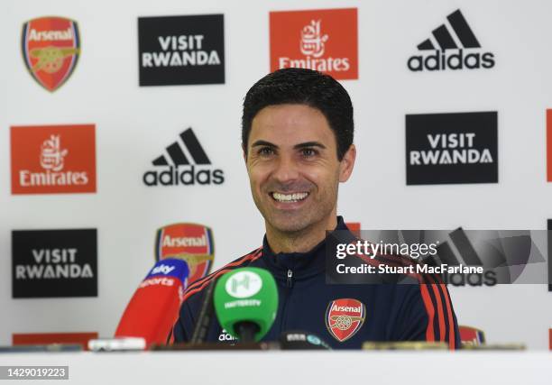 Arsenal manager Mikel Arteta attends a press conference at London Colney on September 30, 2022 in St Albans, England.