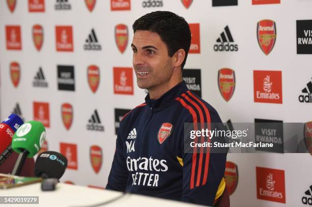 Arsenal manager Mikel Arteta attends a press conference at London Colney on September 30, 2022 in St Albans, England.