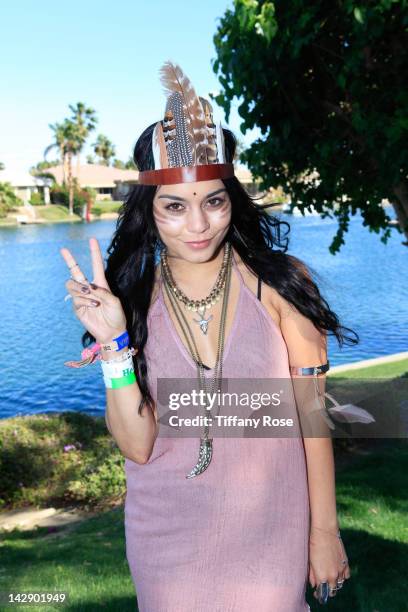 Actress Vanessa Hudgens attends the GUESS Hotel And Smoke & Mirrors Party featuring Fake Bake, UV Vodka and Sol Republic at Lake La Quinta Hotel on...