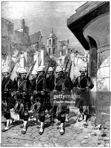 antique illustration: english soldiers in chania, crete - chania crete stock illustrations