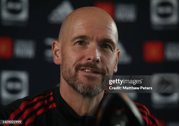 Manager Erik ten Hag of Manchester United speaks during a press conference at Carrington Training Ground on September 30, 2022 in Manchester, England.