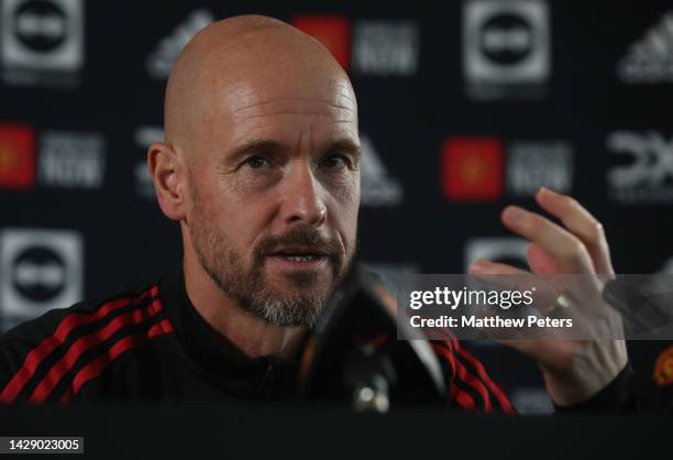 Manager Erik ten Hag of Manchester United speaks during a press conference at Carrington Training Ground on September 30, 2022 in Manchester, England.