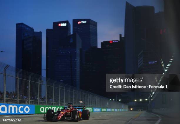 Charles Leclerc of Monaco driving the Ferrari F1-75 on track during practice ahead of the F1 Grand Prix of Singapore at Marina Bay Street Circuit on...