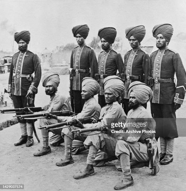 Military personnel of the 14th Sikh Infantry, British-Indian troops, during the Boxer Rebellion in China, circa 1900. Also known as the Boxer...