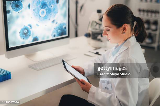 virus, woman scientist and computer, tablet and laboratory analytics for expert innovation, health planning and app in poland. biotechnology analysis online of bacteria, test and digital particles - forensic stock pictures, royalty-free photos & images