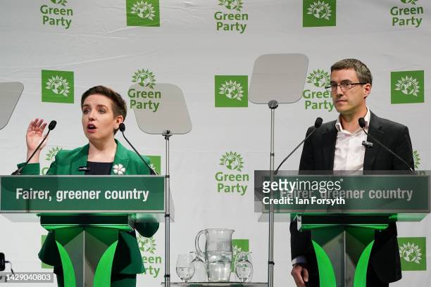 Adrian Ramsay and Carla Denyer, co-leaders of the Green Party, give a speech during the Green Party’s conference at the Harrogate Convention Centre...