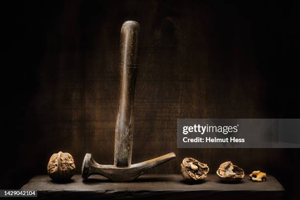 still life with walnuts and hammer - nutcracker stock pictures, royalty-free photos & images