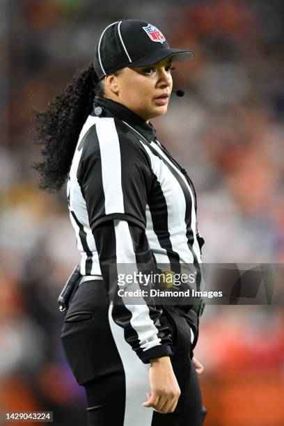 Line judge Maia Chaka looks on during the second half between the Pittsburgh Steelers and the Cleveland Browns at FirstEnergy Stadium on September...