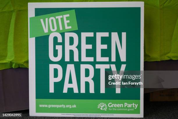 Green Party placard is displayed during the Green Party’s conference at the Harrogate Convention Centre on September 30, 2022 in Harrogate, England....