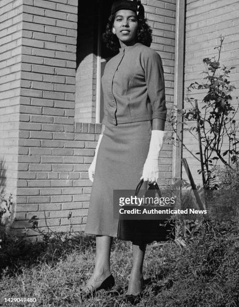 American student Barbara Jeffrey, 'Miss Allen University' stands in front of Mance Hall, one of the senior dormitories at Allen University, a...