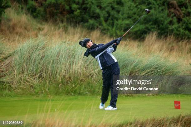 Kathryn Newton the Amewrican actress plays her tee shot on sixth hole during Day Two of the Alfred Dunhill Links Championship at Kingsbarns Golf...