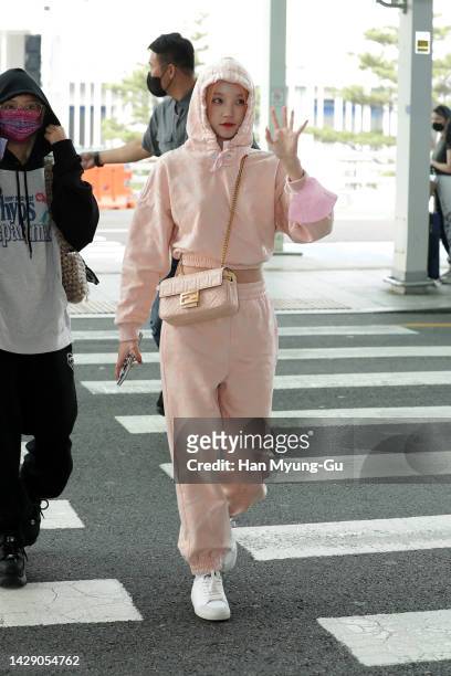 Member of girl group I-DLE is seen on departure at Incheon International Airport on September 30, 2022 in Incheon, South Korea.