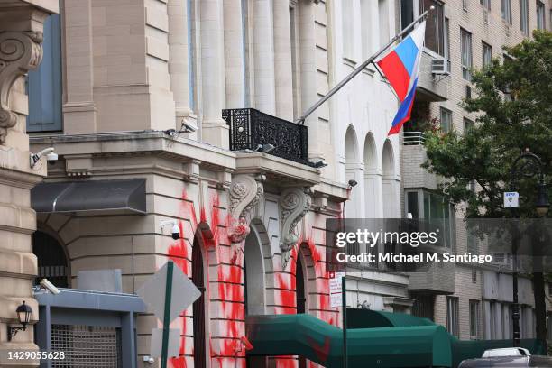 Red spray paint is seen spread across the walls on the Russian Consulate after it was vandalized on September 30, 2022 in New York City. In a speech...