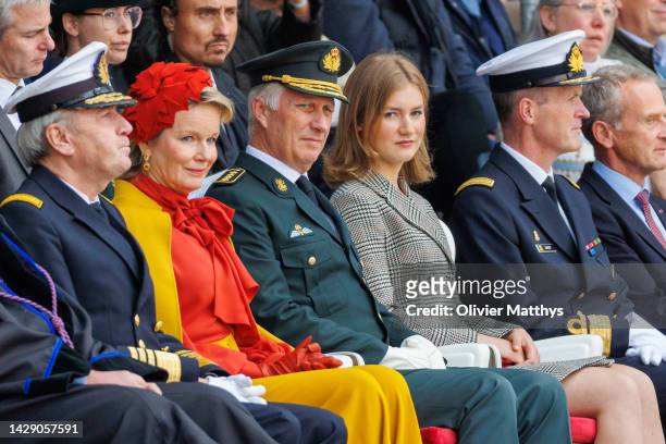 King Philippe of Belgium, Queen Mathilde and Princess Elisabeth attend the Blue Berets Parade at the Royal Military Academy on September 30, 2022 in...